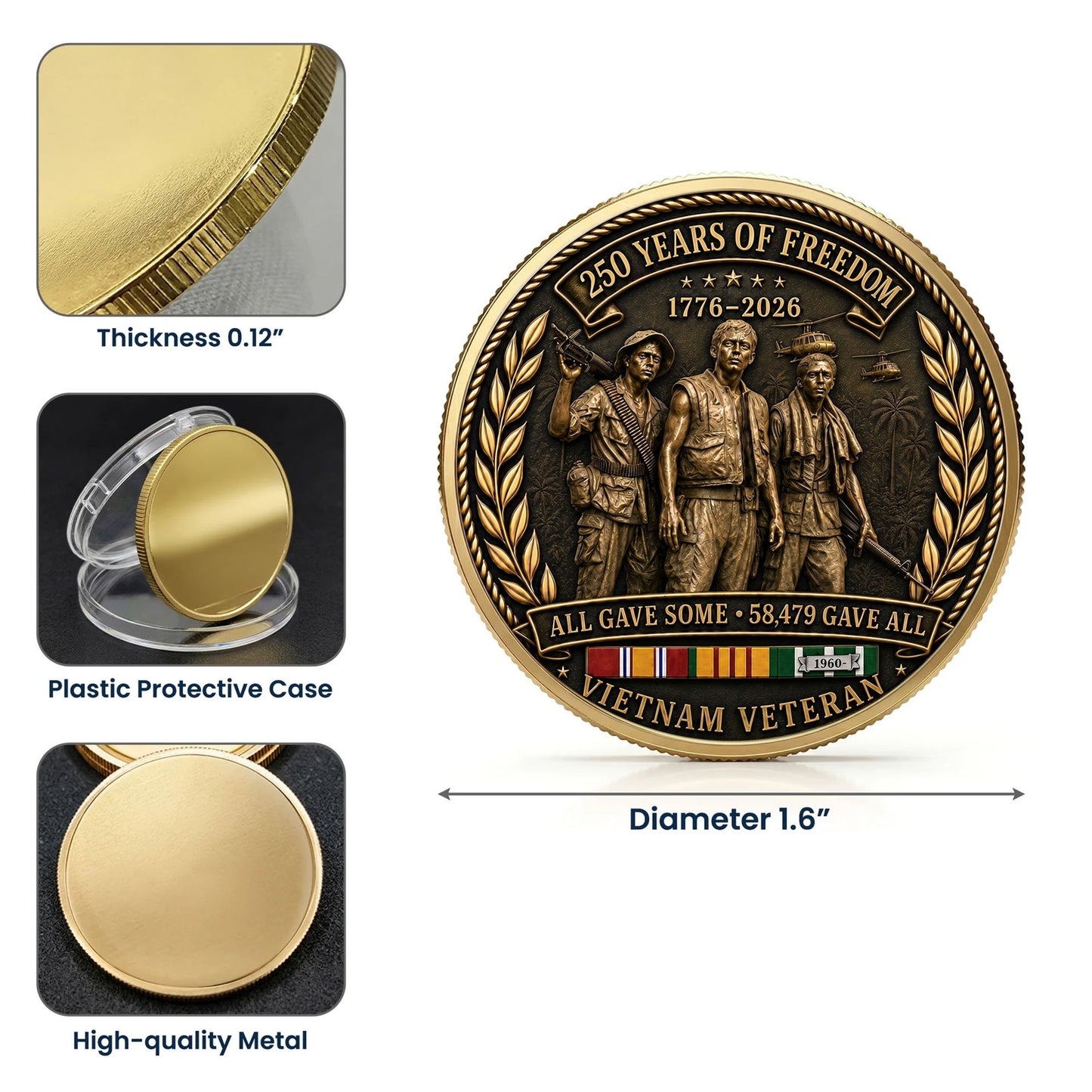 Vietnam Veteran 250th Anniversary Commemorative Coin 2 Side, 58,479 Gave All, Gift For Veteran