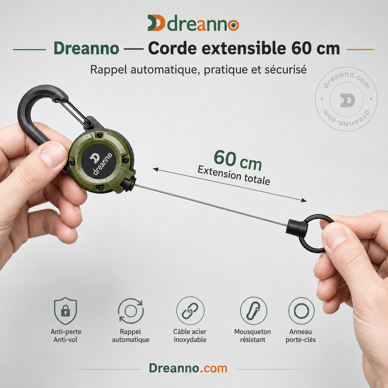 💥DERNIER JOUR DES SOLDES : 50 % DE RÉDUCTION💥🏆Porte-clés avec mousqueton rétractable 🎣 – Cordon en acier de 65 cm, porte-badge robuste, accessoire EDC léger pour clés, cartes d'identité et usage en extérieur