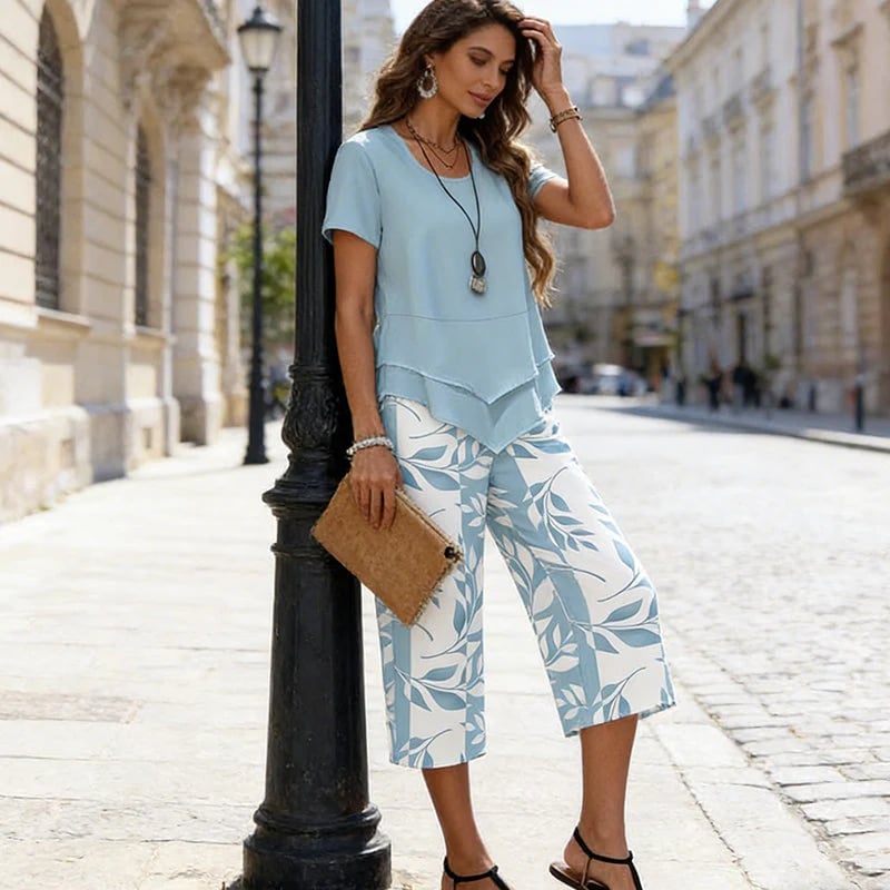 ⏳Limited-time 49% off⏰Casual Round Neck Layered Tunic Top & Wide Leg Pants Set👚👖