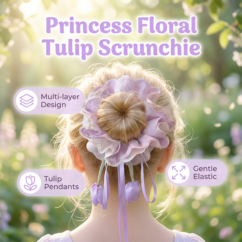 Girls Pastel Floral Hair Scrunchie with Hanging Tulip Pendant