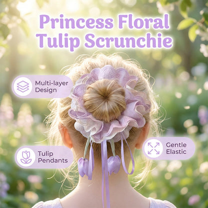 Girls Pastel Floral Hair Scrunchie with Hanging Tulip Pendant