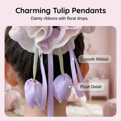 Girls Pastel Floral Hair Scrunchie with Hanging Tulip Pendant
