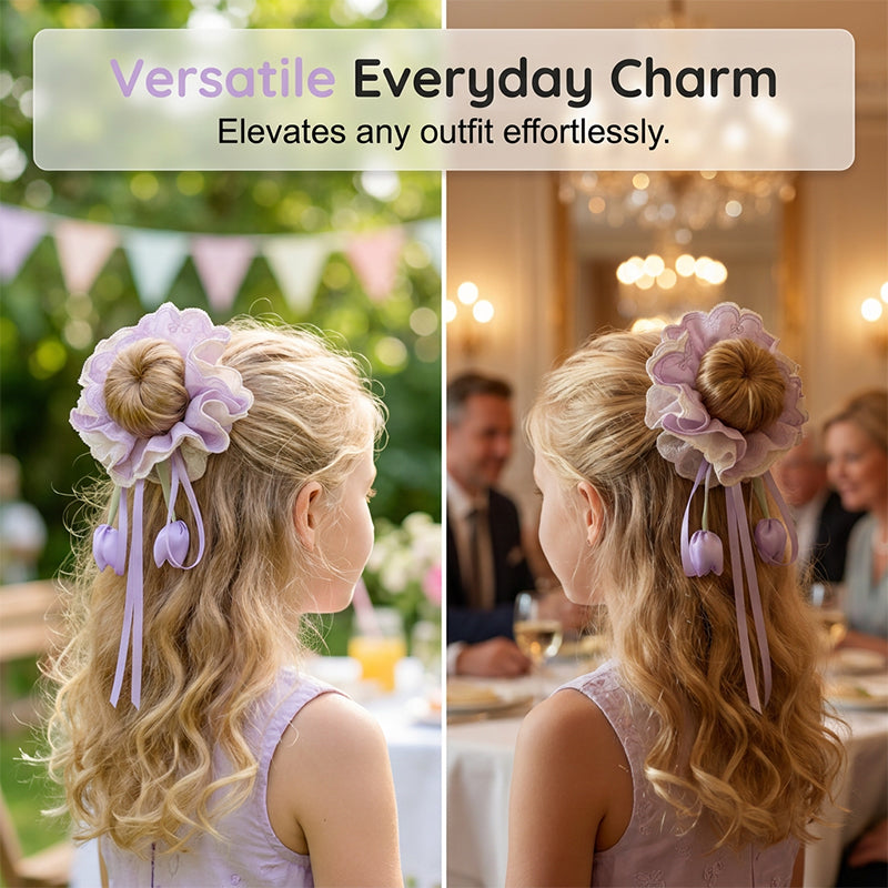 Girls Pastel Floral Hair Scrunchie with Hanging Tulip Pendant