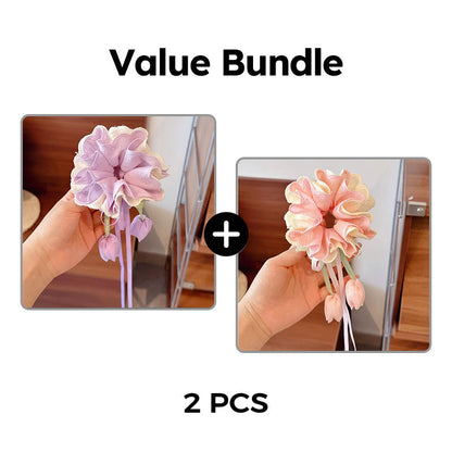 Girls Pastel Floral Hair Scrunchie with Hanging Tulip Pendant