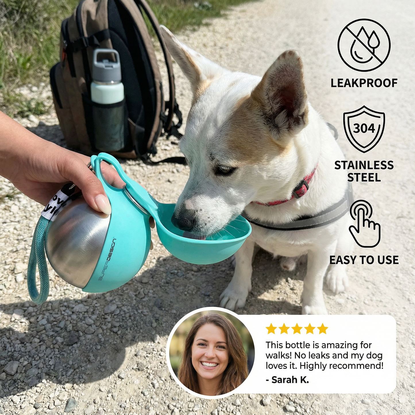 2-in-1 Dog Travel Water Bottle – Leakproof Stainless Steel Bottle with Silicone Bowl.